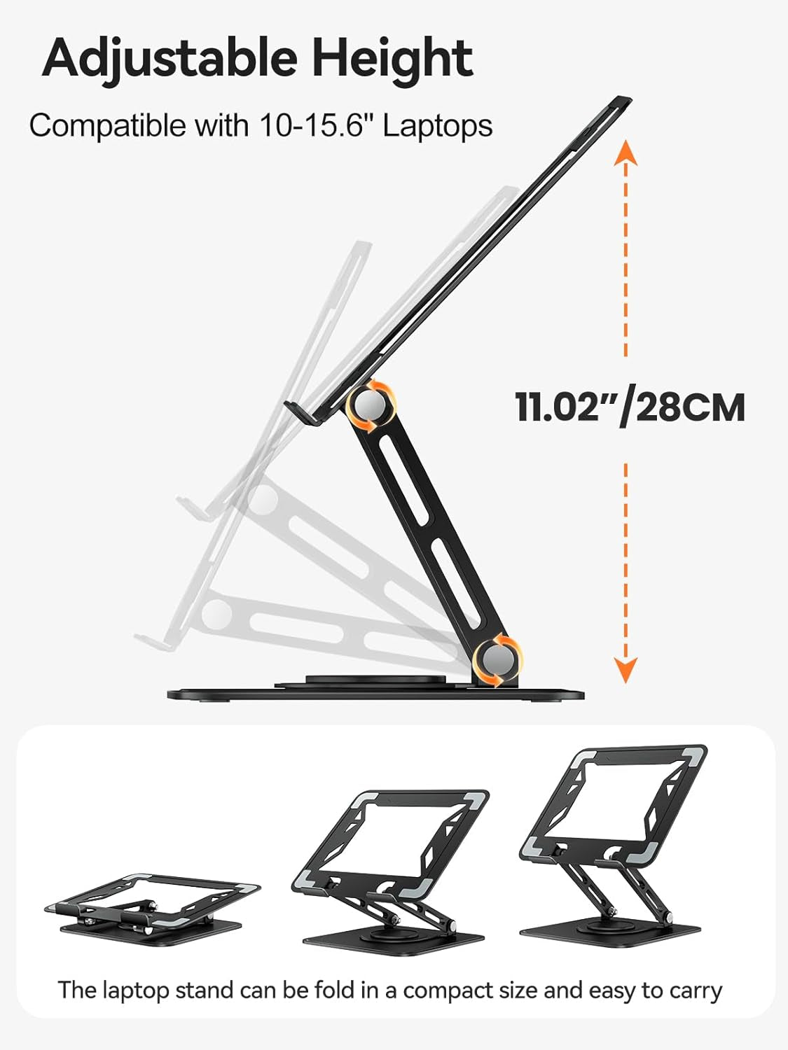 Laptop Stand for Desk, Adjustable Computer Stand Holder with 360° Rotating Base, Ergonomic Laptop Riser Compatible with Macbook Pro Air, All Laptops 10-15.6" (Black