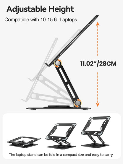 Laptop Stand for Desk, Adjustable Computer Stand Holder with 360° Rotating Base, Ergonomic Laptop Riser Compatible with Macbook Pro Air, All Laptops 10-15.6" (Black
