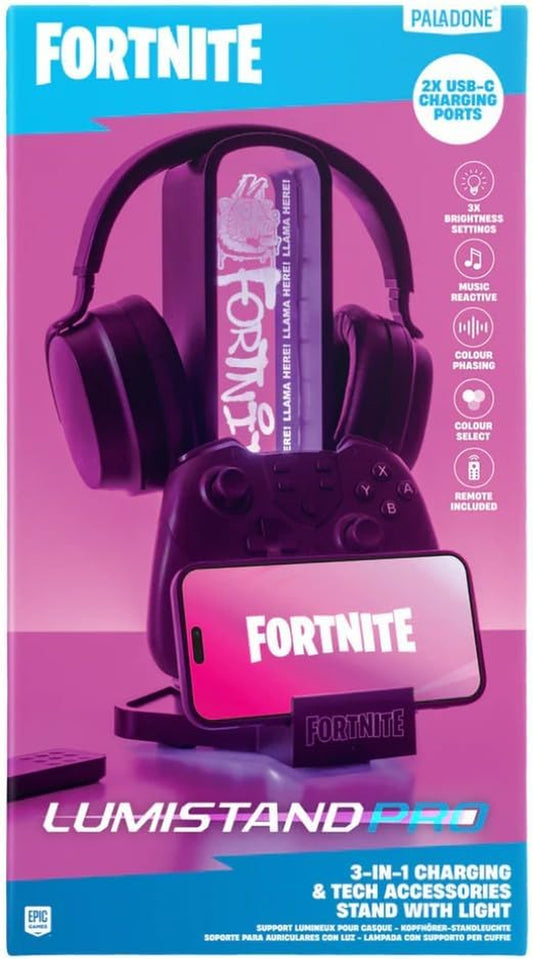 Fortnite 3-In-1 Headphone Stand and Tech Charging Station with Console Controller Cradle and 2 USB-C Ports, RGB Colour Changing Light Panel, Officially Licensed Gift for Gamers