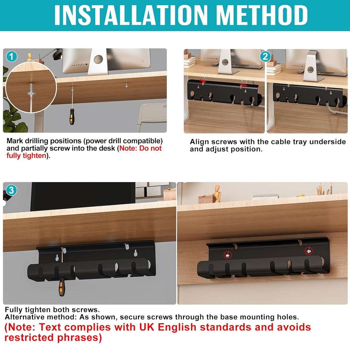 2-Pack Metal under Desk Cable Management Trays 44Cm White