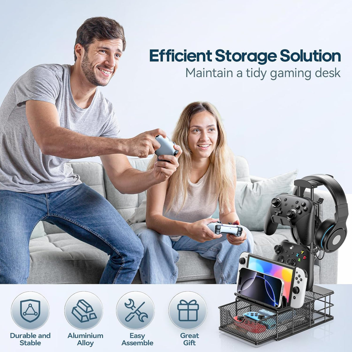Headphone Stand with Drawer & Cable Organizer - Controller Stand Holder for Desk, Aluminum Supporting Bar Earphone Stand - Universal Headset Holder for Gaming PC Accessories Storage