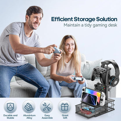 Headphone Stand with Drawer & Cable Organizer - Controller Stand Holder for Desk, Aluminum Supporting Bar Earphone Stand - Universal Headset Holder for Gaming PC Accessories Storage