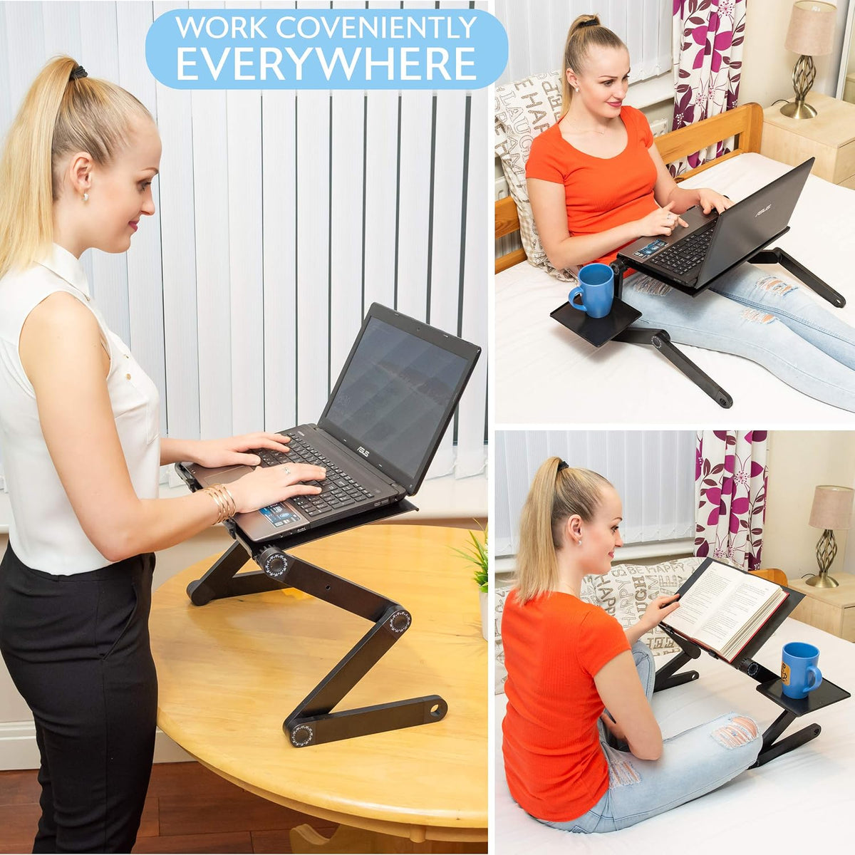 Folding Laptop Stand Standing Desk Converter Laptop Bed Table Riser Tray Holder for Couch Sofa Lapdesk Laptray Height Adjustable Portable with Legs Mouse Pad Black