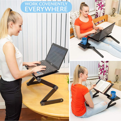 Folding Laptop Stand Standing Desk Converter Laptop Bed Table Riser Tray Holder for Couch Sofa Lapdesk Laptray Height Adjustable Portable with Legs Mouse Pad Black