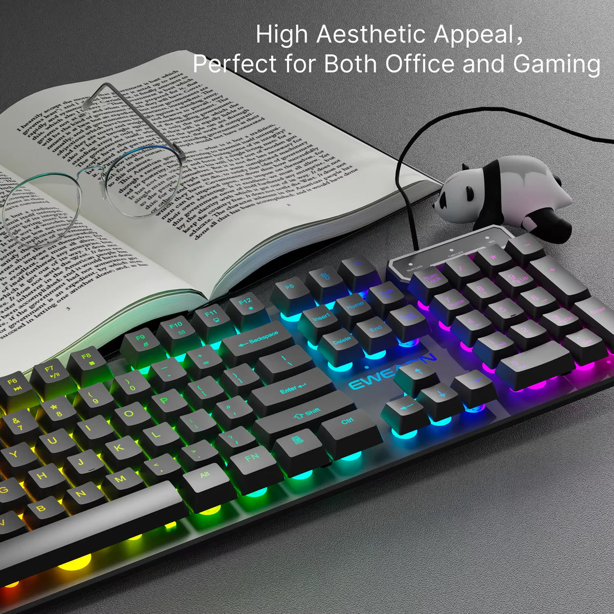 GX30Z Wired Gaming Keyboard Silent, 104 Keys Full Size LED Rainbow Backlit, Numeric Keys, Game, Office, Windows Laptop PC