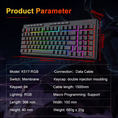 SHIVA K517 RGB USB RGB Wired Membrane Gaming Keyboard 94 Key for PC Computer Laptop Gamer Detachable Cable