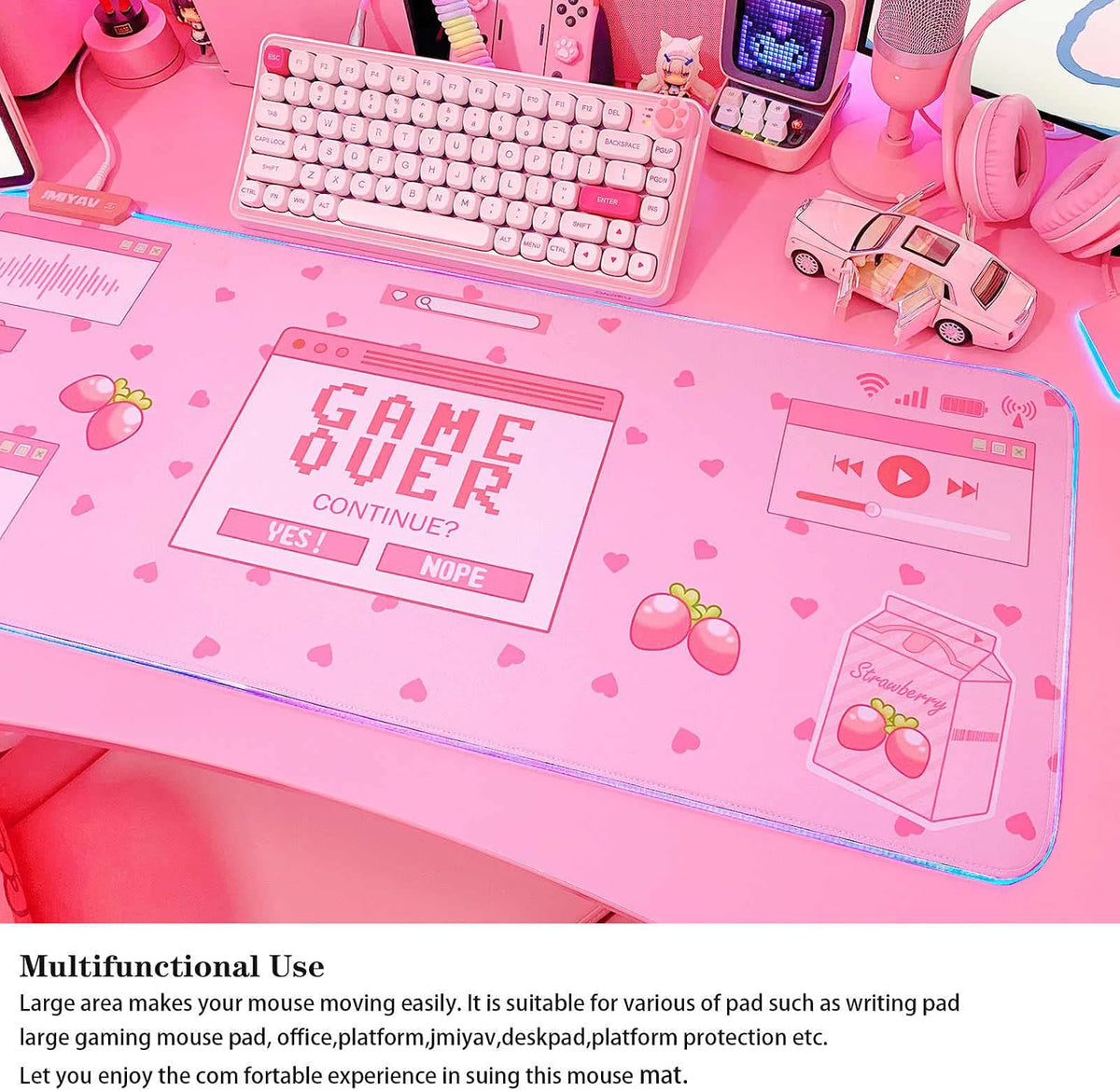 Kawaii RGB Gaming Mouse Pad PC XL Large Extended Glowing Led Light up Desk Pad Non-Slip Rubber Base Computer Keyboard and Mouse Pad Cool Cute Mousepad Mat Gaming over 80 * 30Cm