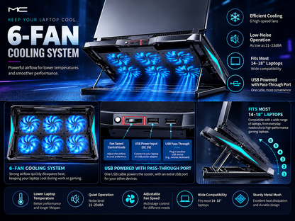 Q3 Gaming Laptop Cooling Pad – 6 Fans & Adjustable Height