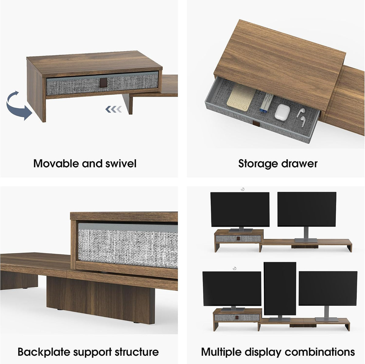 Dual Monitor Stand with Drawer,With Adjustable Length and Angle,Brown