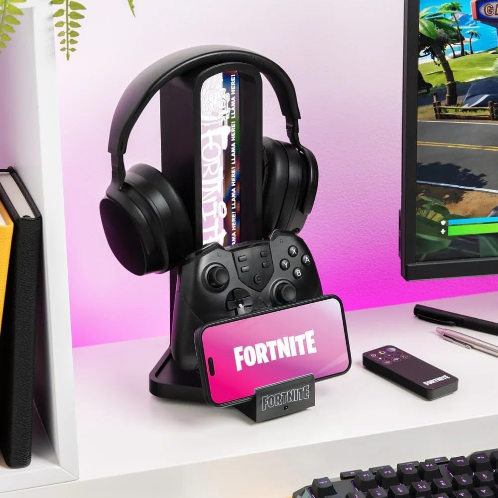 Fortnite 3-In-1 Headphone Stand and Tech Charging Station with Console Controller Cradle and 2 USB-C Ports, RGB Colour Changing Light Panel, Officially Licensed Gift for Gamers