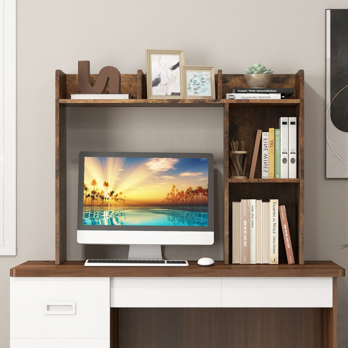 Wooden Desk Bookshelf with 4 Shelves and Open Back Compartment
