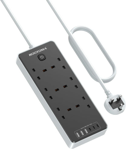 Black Extension Lead 1M with 3 USB Slots, 2 Gang Short Extension Lead