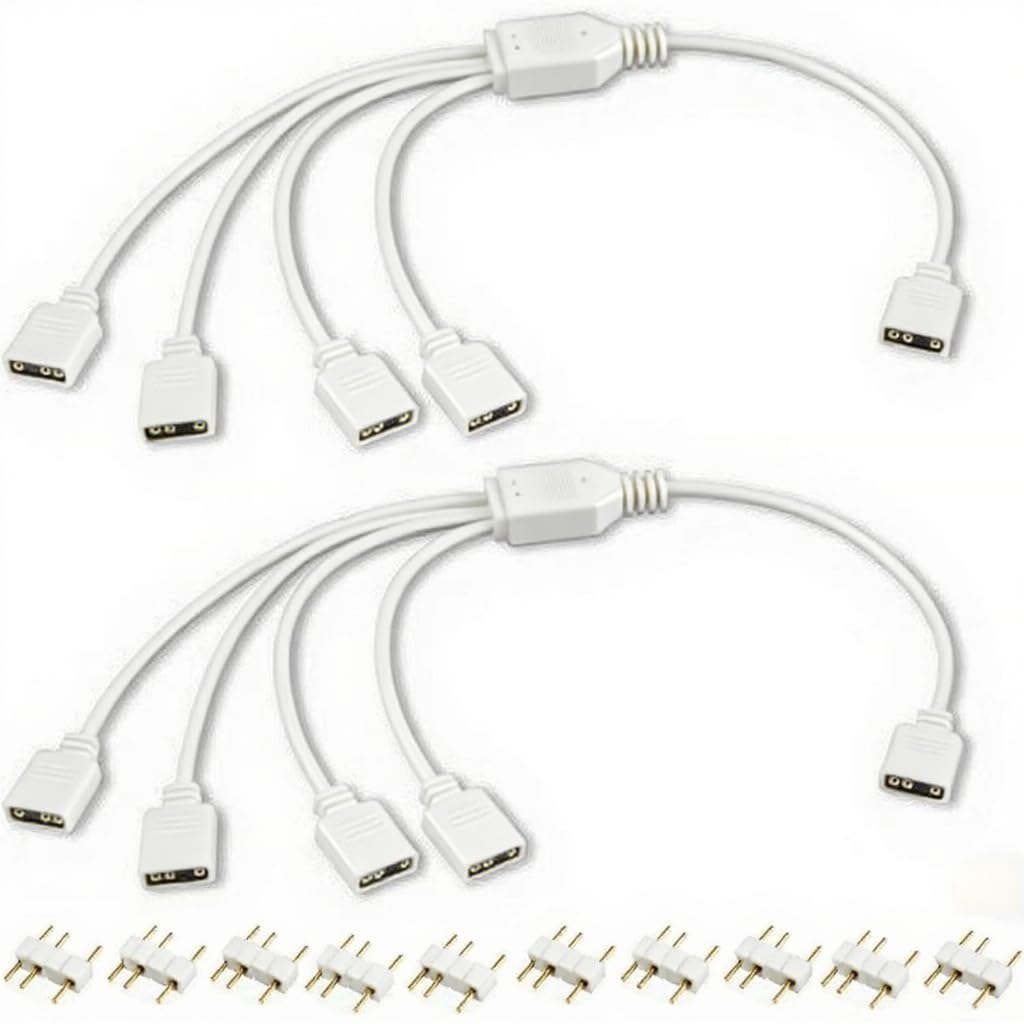 2 Pcs 3 Pin ARGB Extension Cable 5V 1 to 4 Splitter Cable Female to Female ARGB Fan Splitter for Computer Cases, CPU Coolers and 5V Fans(30Cm, White)