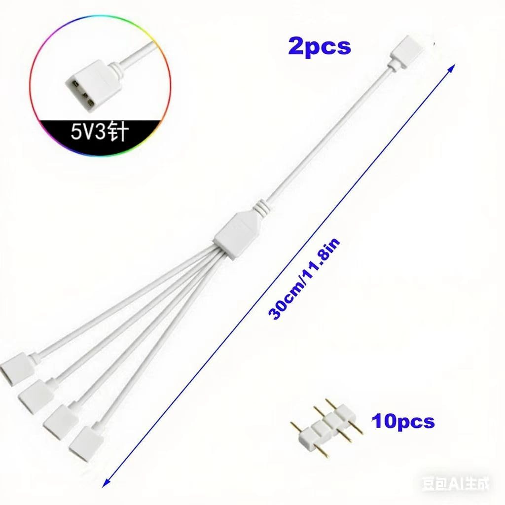 2 Pcs 3 Pin ARGB Extension Cable 5V 1 to 4 Splitter Cable Female to Female ARGB Fan Splitter for Computer Cases, CPU Coolers and 5V Fans(30Cm, White)