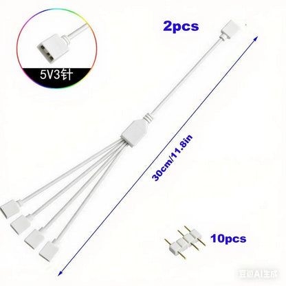 2 Pcs 3 Pin ARGB Extension Cable 5V 1 to 4 Splitter Cable Female to Female ARGB Fan Splitter for Computer Cases, CPU Coolers and 5V Fans(30Cm, White)