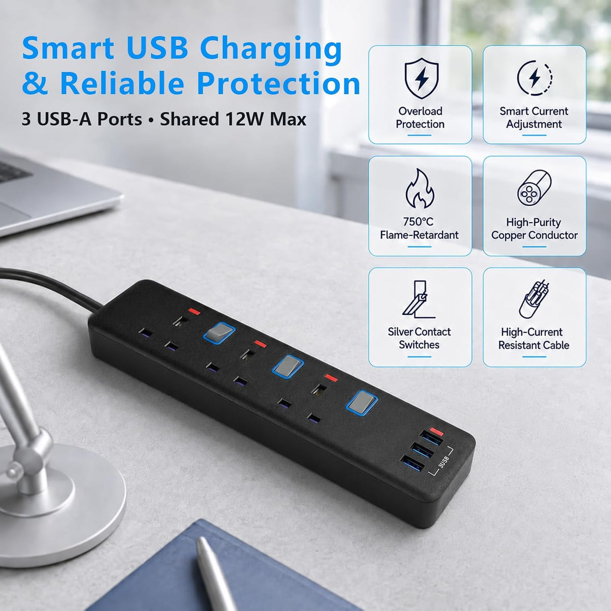 Extension Lead 2M, Extension Lead with USB Slots (3 USB), 13A 3250W