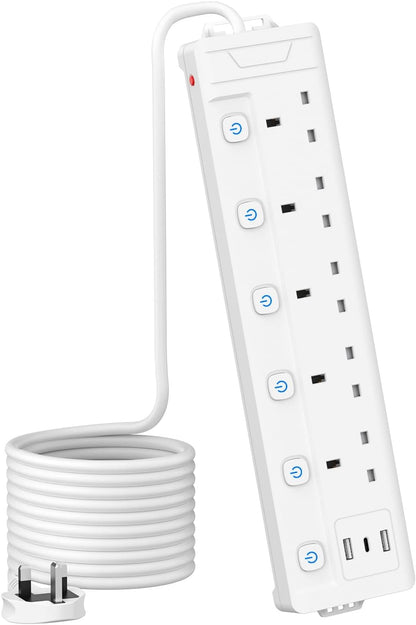 Extension Lead 1M 5 Way with 3 USB Slots (2 USB-A,1 USB-C), Individually Switched Extension Lead with USB Slots, White 1 Metre Extension Lead, for Home Dorm Office Multi Plug