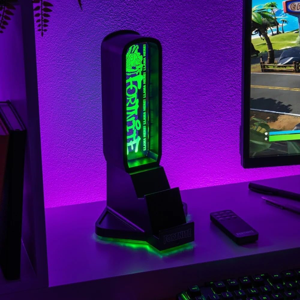 Fortnite 3-In-1 Headphone Stand and Tech Charging Station with Console Controller Cradle and 2 USB-C Ports, RGB Colour Changing Light Panel, Officially Licensed Gift for Gamers