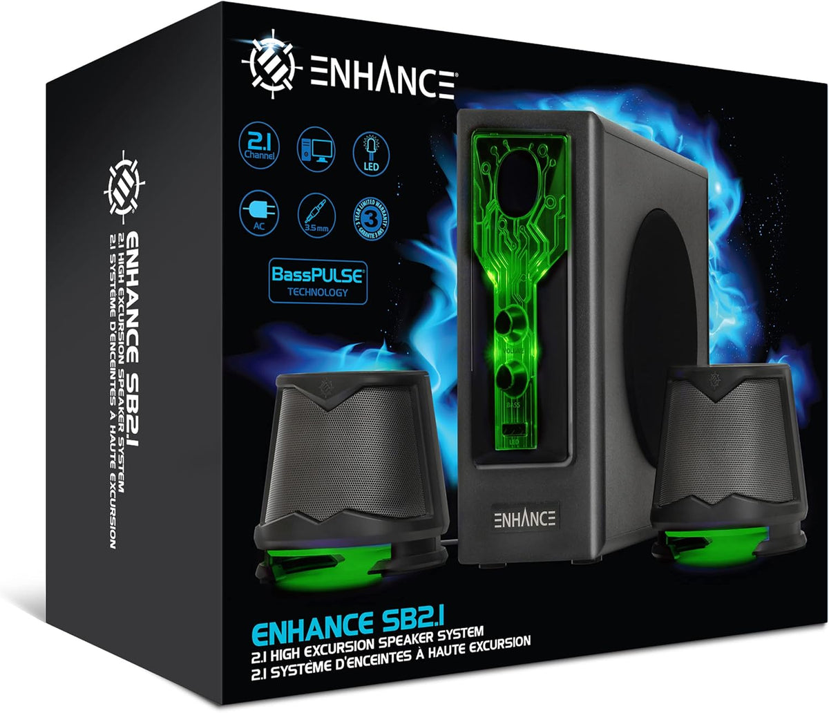 SB 2.1 Computer Speakers - Green LED Computer Gaming Speakers with Subwoofer, High Excursion Sound System, Volume and Bass Control, Compatible with Gaming PC, Desktop, Laptop