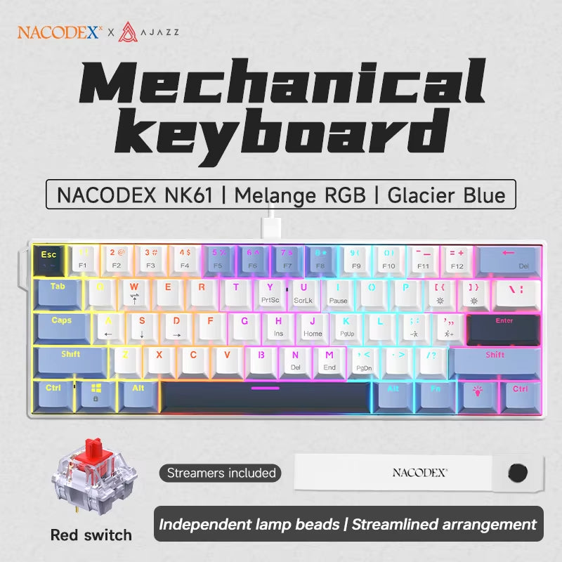NK61 Mechanical Wired Gaming Keyboard RGB Lighting Effects Supports Hot-Swappable 61 Keys Mechanical Gaming Keyboard