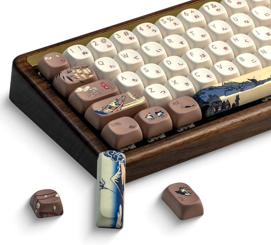 XVX MOA Profile Japanese Fuji Mountain Theme PBT Keycaps Set, 140-Key Coffee & Cream Custom Keycaps for US Layout Mechanical Keyboards (Brown/Beige Design with Key Puller)