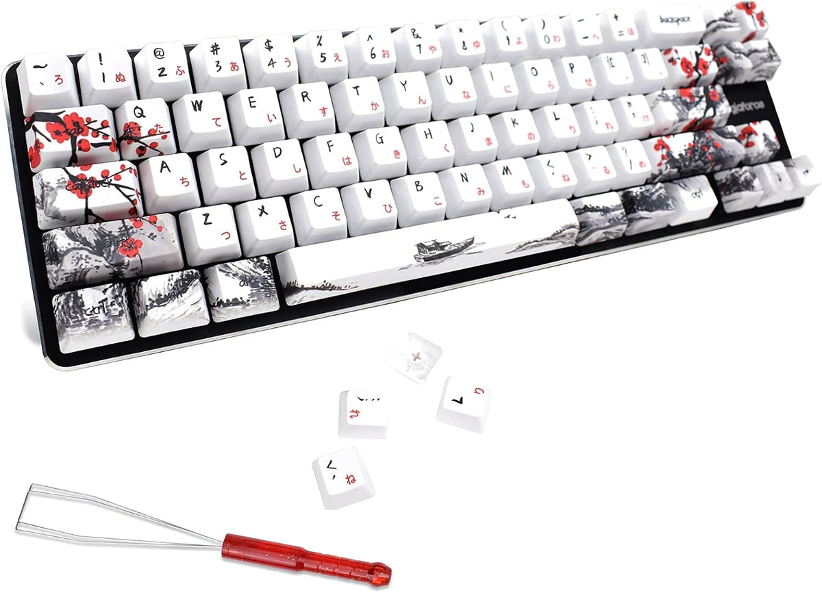 Plum Blossom Keycaps Mechanical Gaming Keyboards, Custom PBT OEM Profile Key Caps Japanese Style with Keycap Puller for Cherry MX 104/87/71/61 60 Percent Keyboard (Plum Blossom 71 JP)