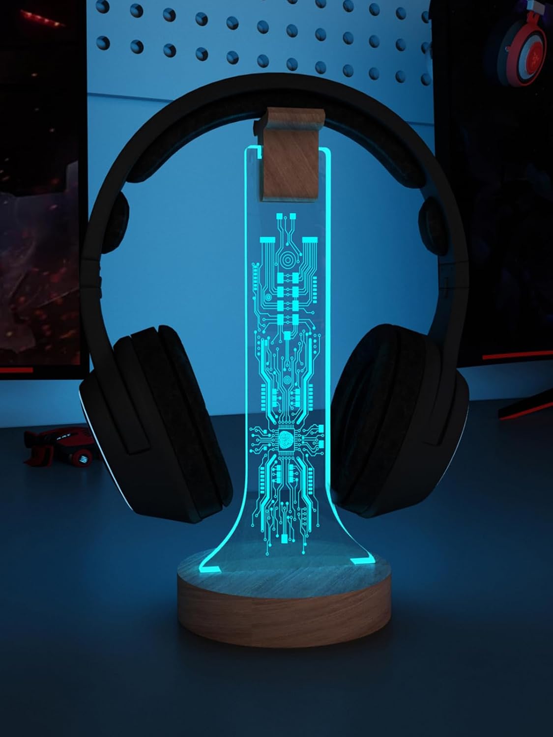 Headphone Stand, Wood Headset Holder with Blue Pink LED Night Light for Gamers, Men, and Music Lovers - Perfect Desk Gift Idea