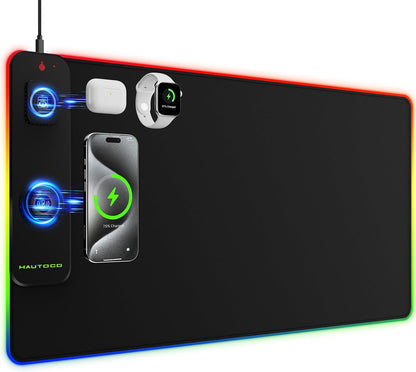 Wireless Charging Mouse Pad 15W RGB Gaming Mouse Mat, Waterproof Desk Mat with Phone Holder, 900X300X4Mm Extra Large Mousepad, Non-Slip Base LED Computer Keyboard Mat for PC Laptop, Black