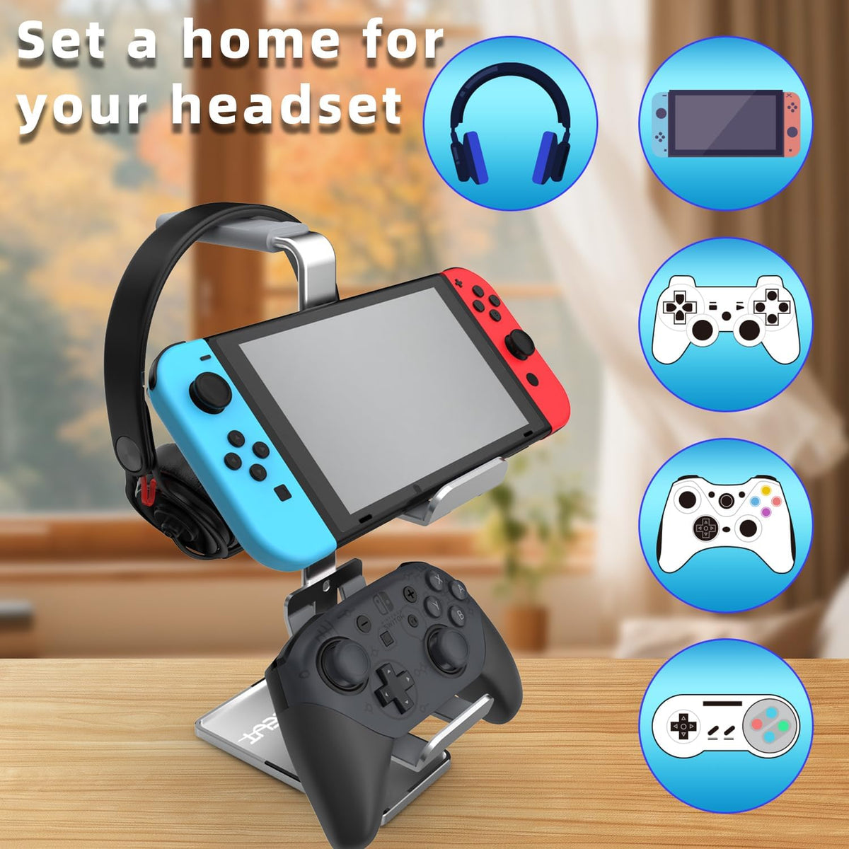 3In1 Headphone Holder Game Controller, Gaming Headset Stand, Dual Headphone Holder with Base (Black)