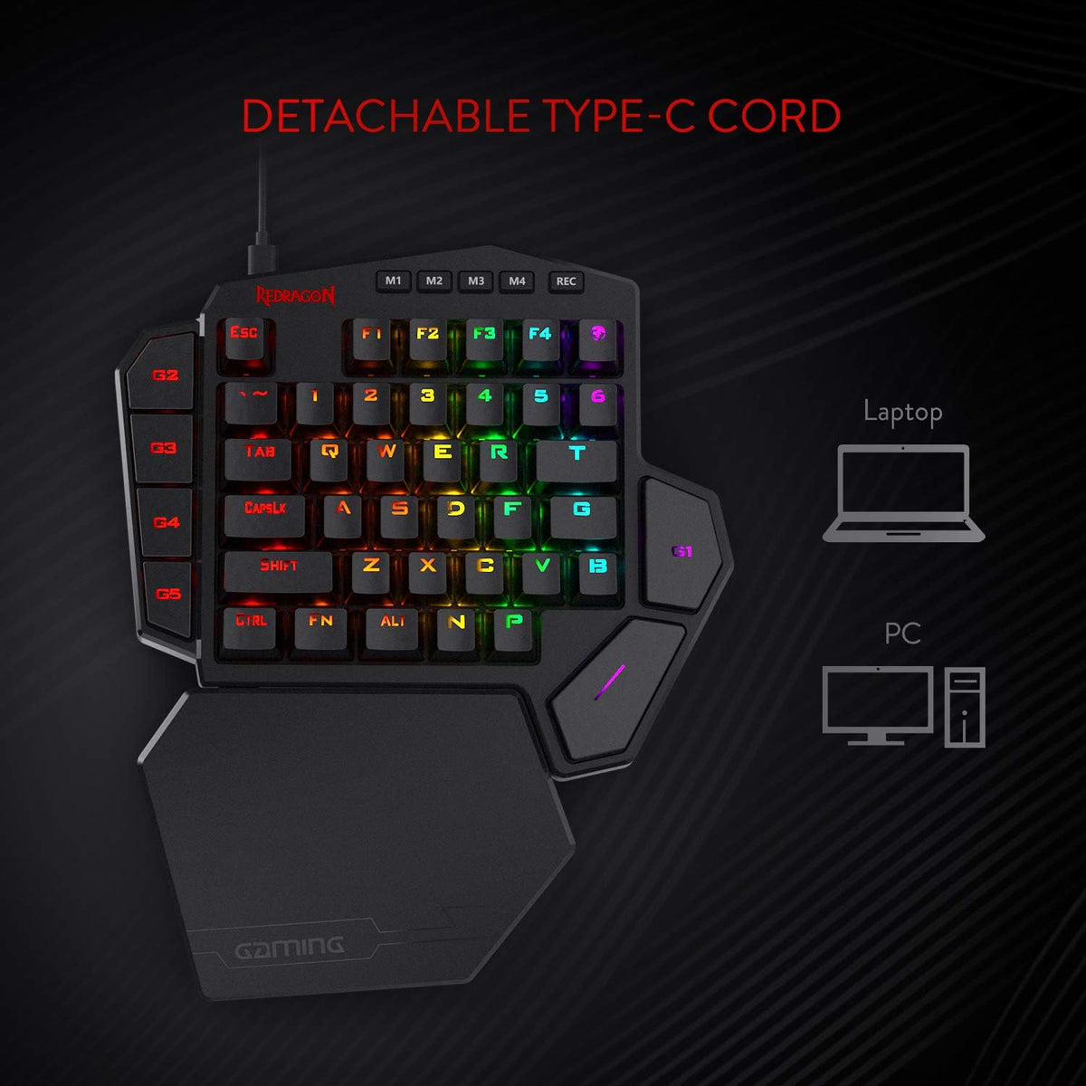 K585 DITI One-Handed RGB Mechanical Gaming Keyboard, Brown Switches, Type-C Professional Gaming Keypad with 7 Onboard Macro Keys, Detachable Wrist Rest, 42 Keys