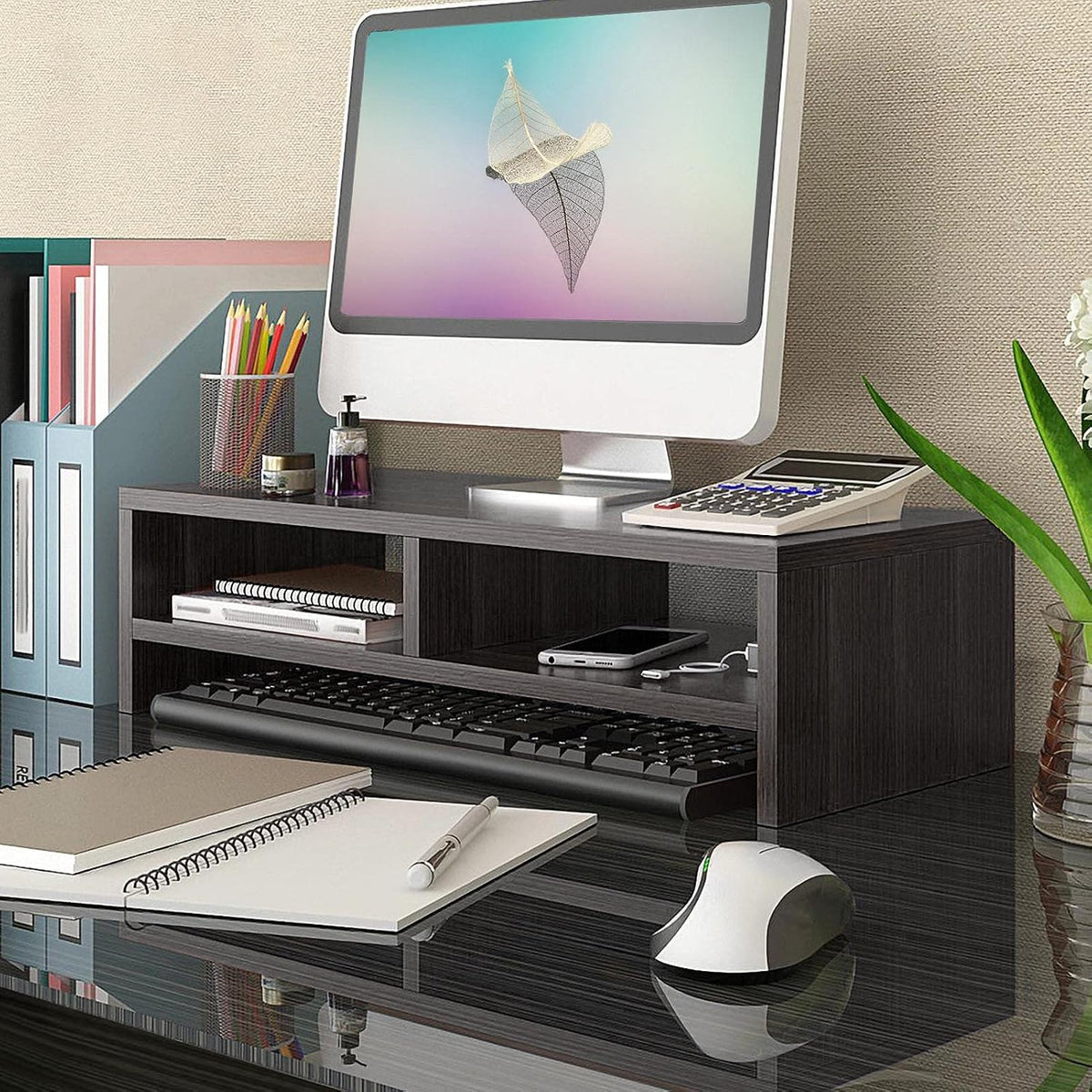 Wood Monitor Desk Stand Riser,2 Tiers Computer Monitor Riser Black