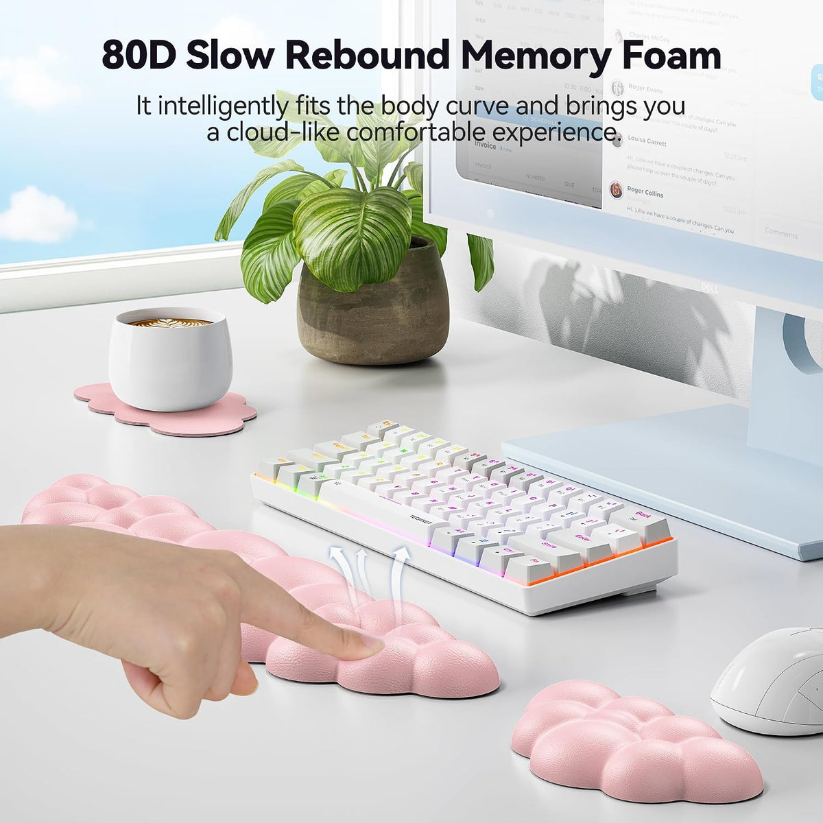 Cloud Wrist Rest Keyboard Set, Memory Foam & PU Leather,Light Pink