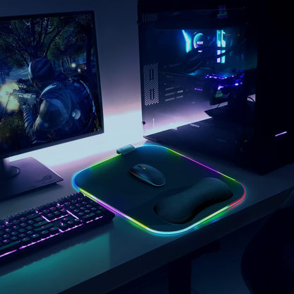 RGB Gaming Mouse Pad Wrist Support, 305 X 254Mm XL Ergonomic Gel Mouse Mat with 10 LED Lighting Modes, Non-Slip Rubber Base, Lycra Fabric, Mousepad for Laptop, Computer, PC Gaming & Office
