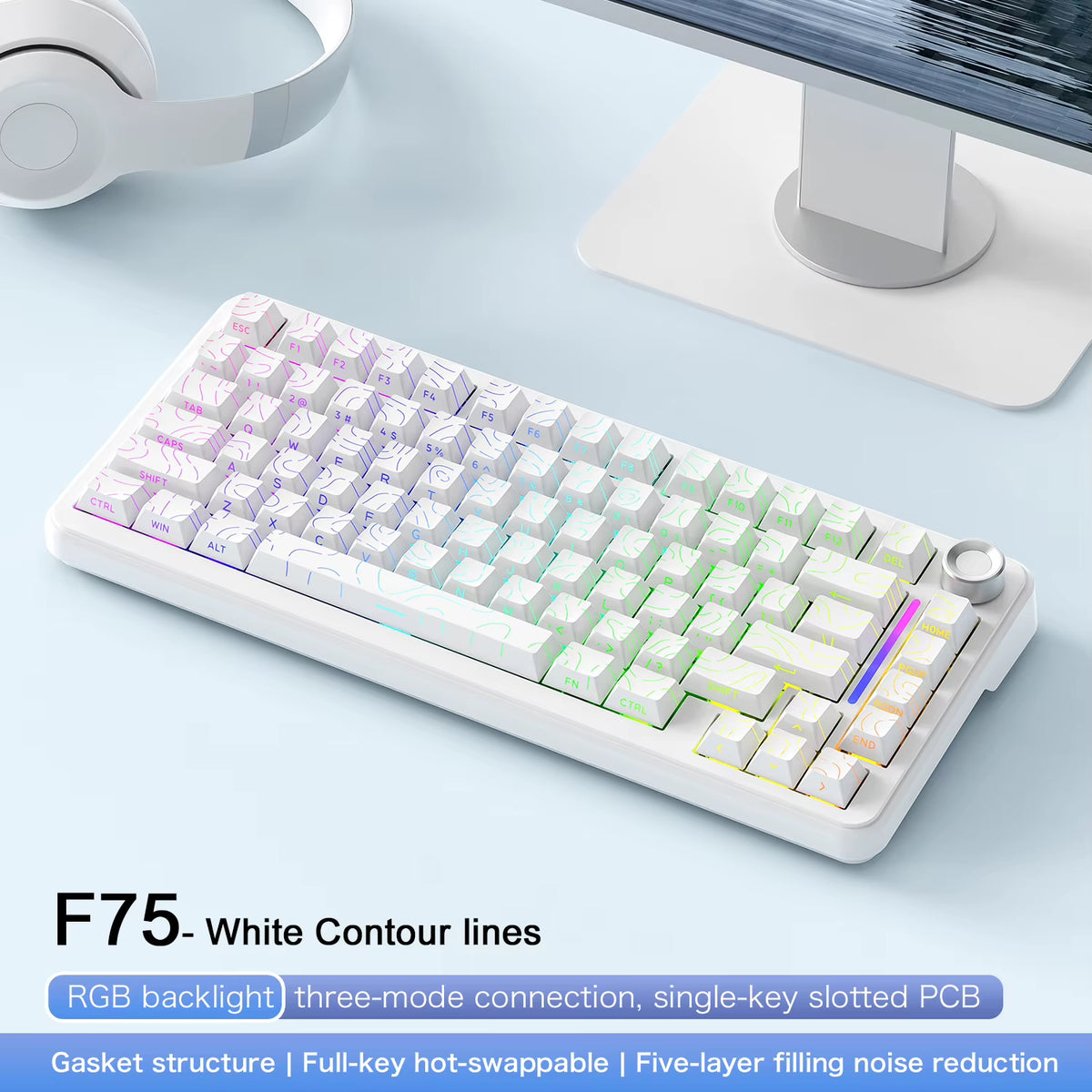 75% Hot Swap Gaming Keyboard Wireless FREEWOL F75 RGB Mechanical Keyboard with Metal Knobs AULA F75 Same Model,Tri-Mode,4000 Mah