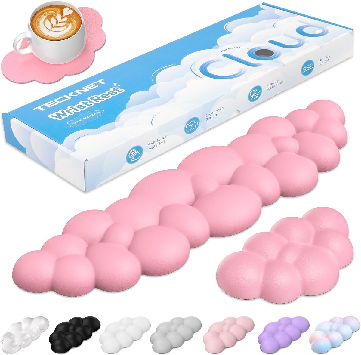 Cloud Wrist Rest Keyboard Set, Memory Foam & PU Leather,Light Pink