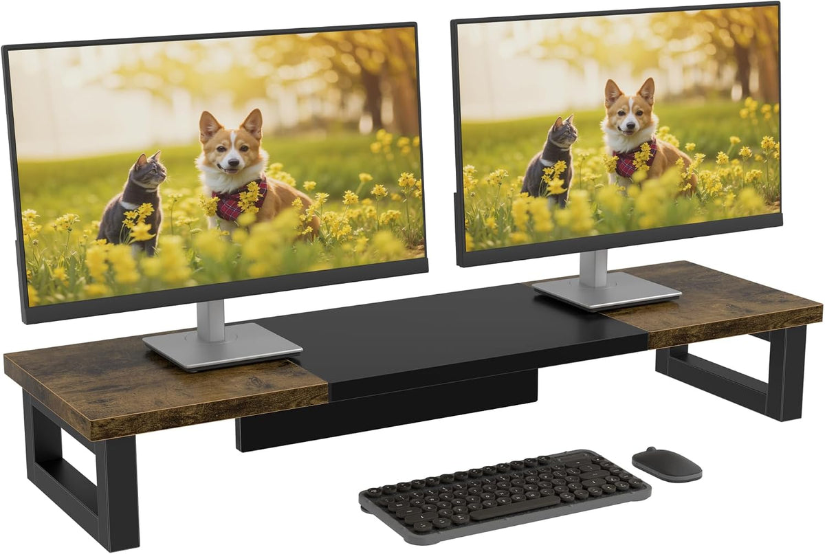 Dual Monitor Stand Riser – 91X26Cm Desk Shelf for 2 Screens White