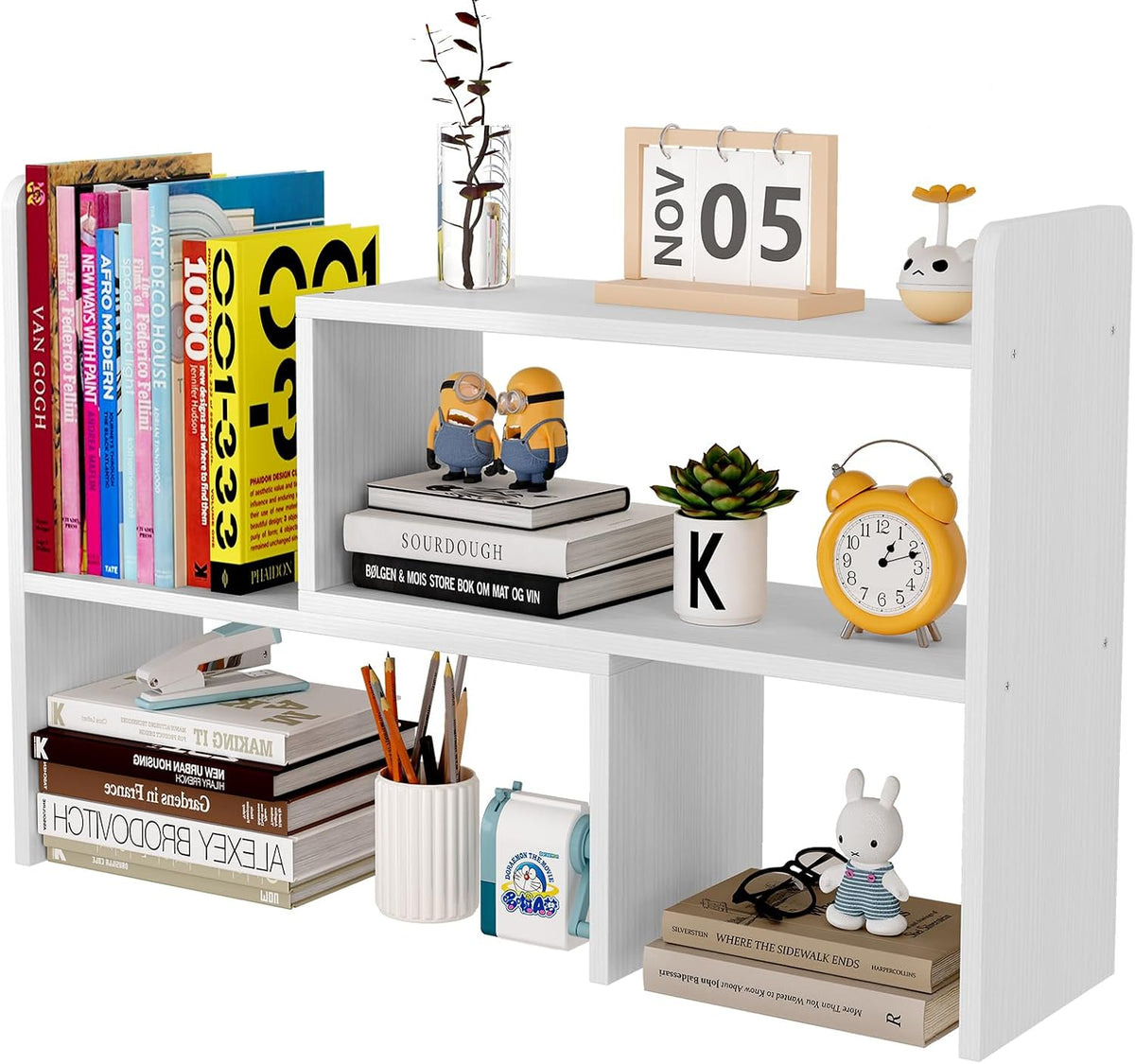 Wood Desktop Bookshelf Adjustable Desk Shelves Freestanding Home and Office Supplies Storage Display Shelf Desk Tidy Organiser,White