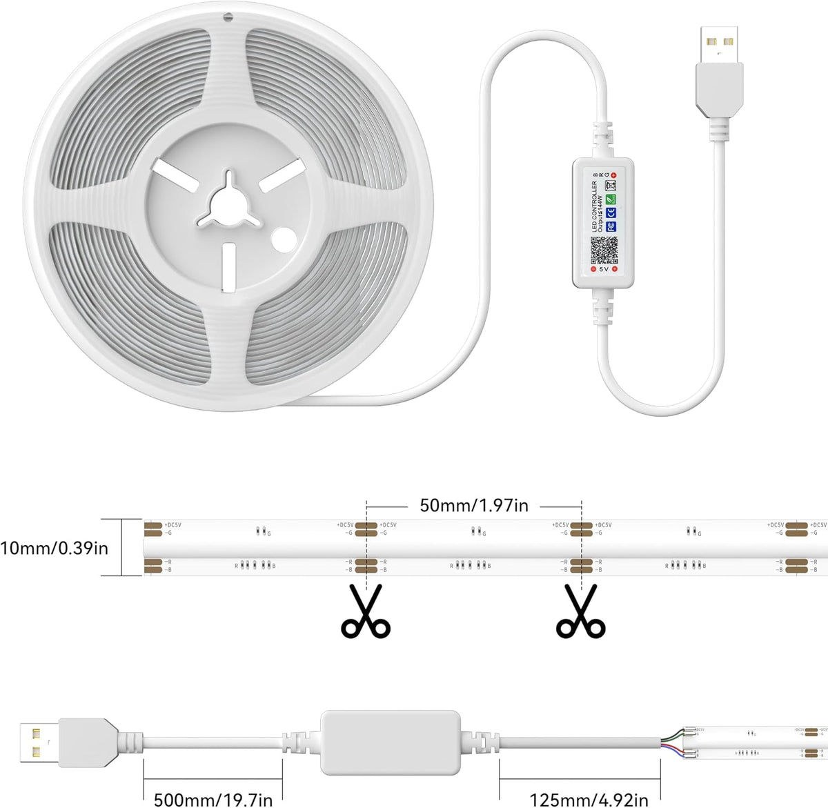 5 V USB RGB COB LED Strip 1 M with Bluetooth Smart App Controller, Colour-Changing RGB Strip Light with 600 Leds/M, Multicoloured Flexible LED Strip for TV, Bedroom, Party, DIY Decoration