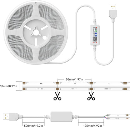 5 V USB RGB COB LED Strip 1 M with Bluetooth Smart App Controller, Colour-Changing RGB Strip Light with 600 Leds/M, Multicoloured Flexible LED Strip for TV, Bedroom, Party, DIY Decoration