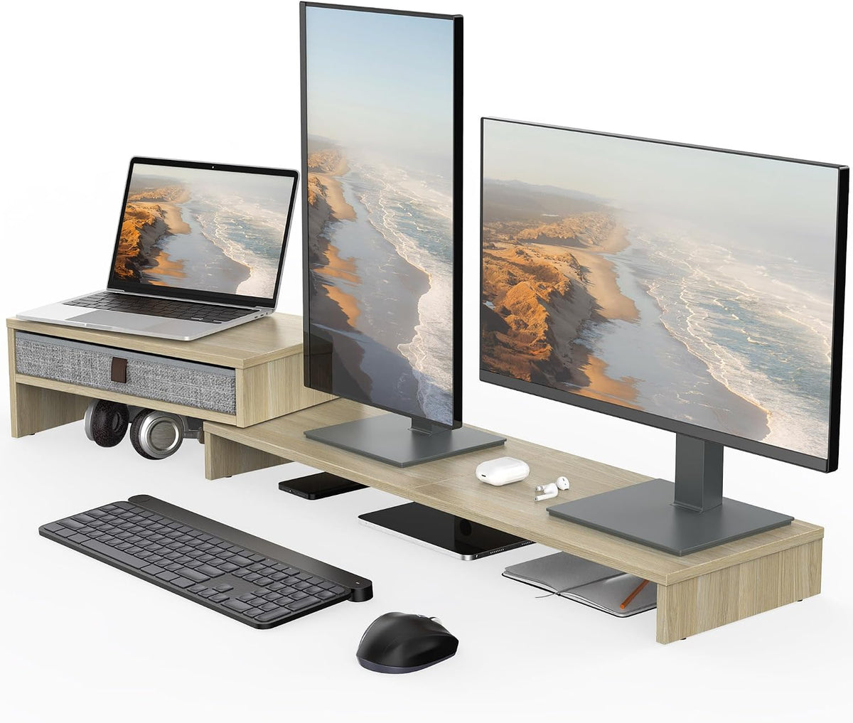 Dual Monitor Stand with Drawer,With Adjustable Length and Angle,Brown