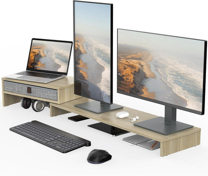 Dual Monitor Stand with Drawer,With Adjustable Length and Angle,Brown