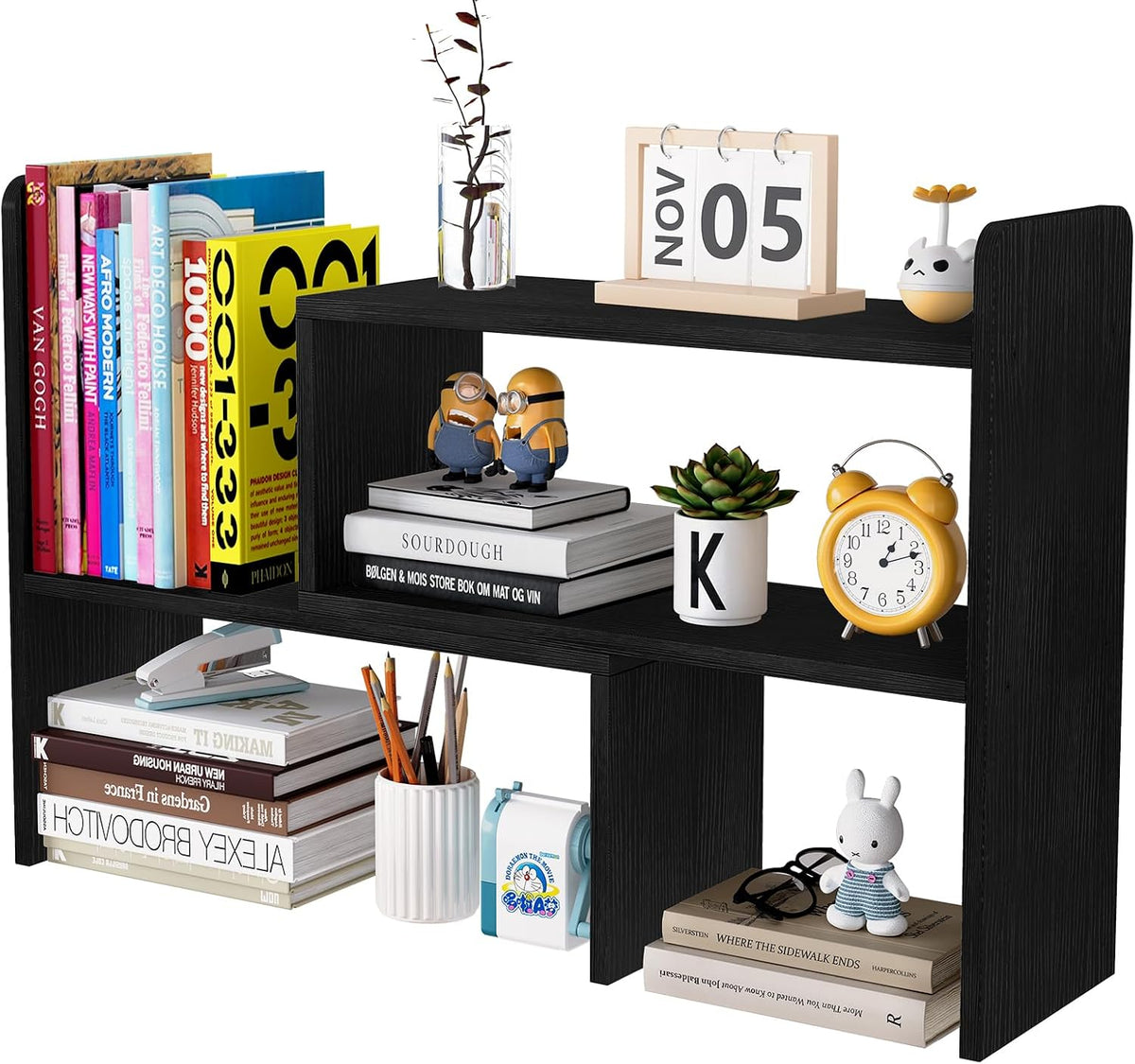 Wood Desktop Bookshelf Adjustable Desk Shelves Freestanding Home and Office Supplies Storage Display Shelf Desk Tidy Organiser,White