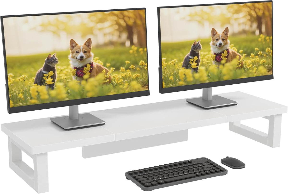 Dual Monitor Stand Riser – 91X26Cm Desk Shelf for 2 Screens White