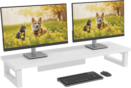 Dual Monitor Stand Riser – 91X26Cm Desk Shelf for 2 Screens White