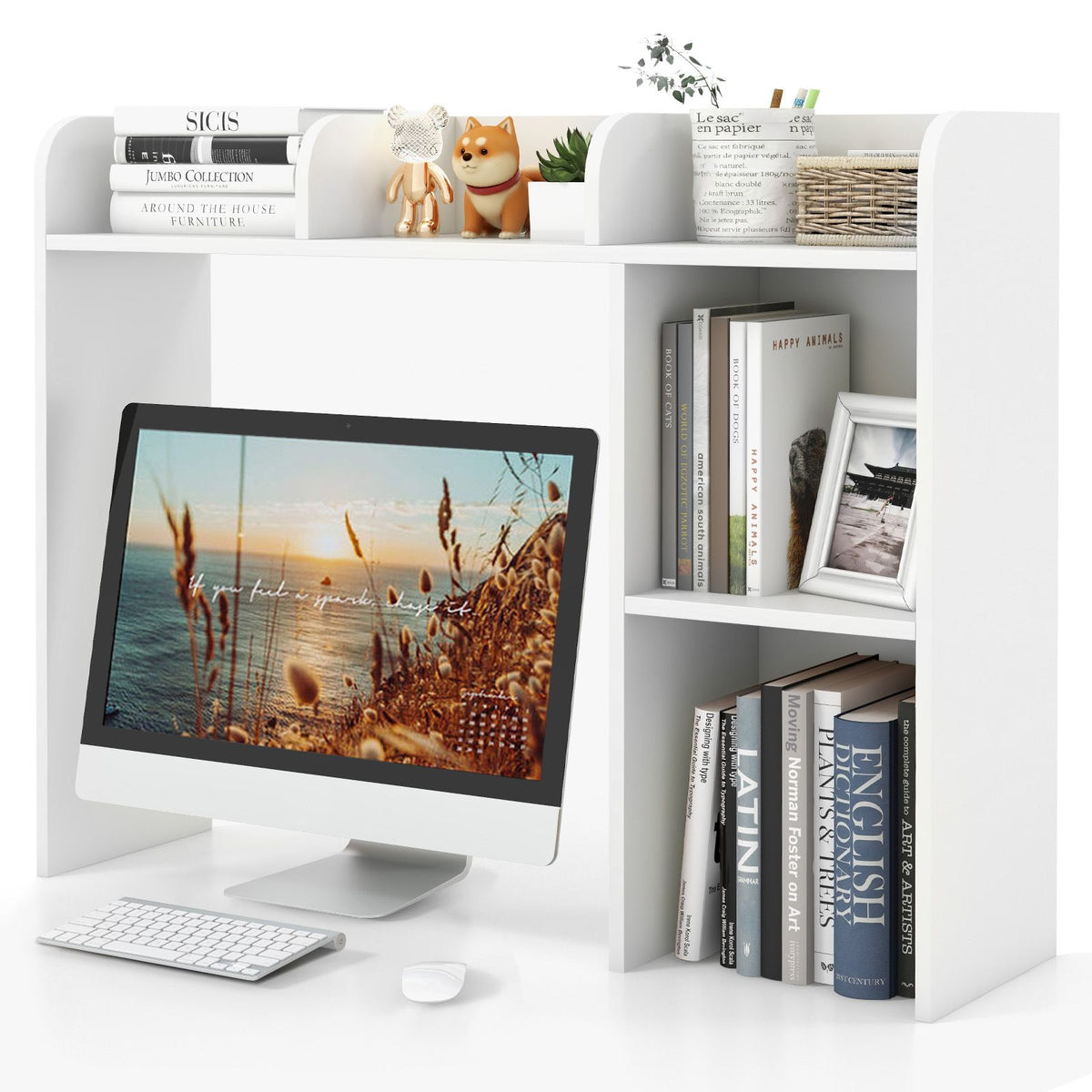 Wooden Desk Bookshelf with 4 Shelves and Open Back Compartment