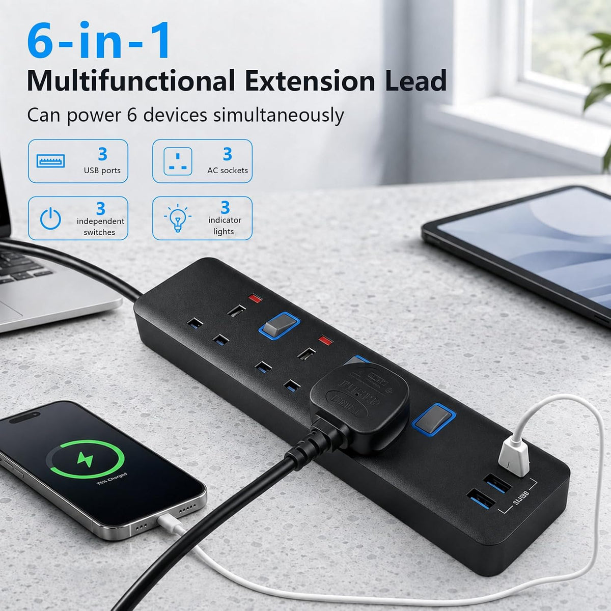 Extension Lead 2M, Extension Lead with USB Slots (3 USB), 13A 3250W