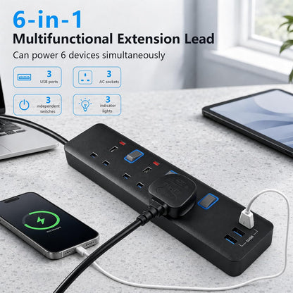 Extension Lead 2M, Extension Lead with USB Slots (3 USB), 13A 3250W