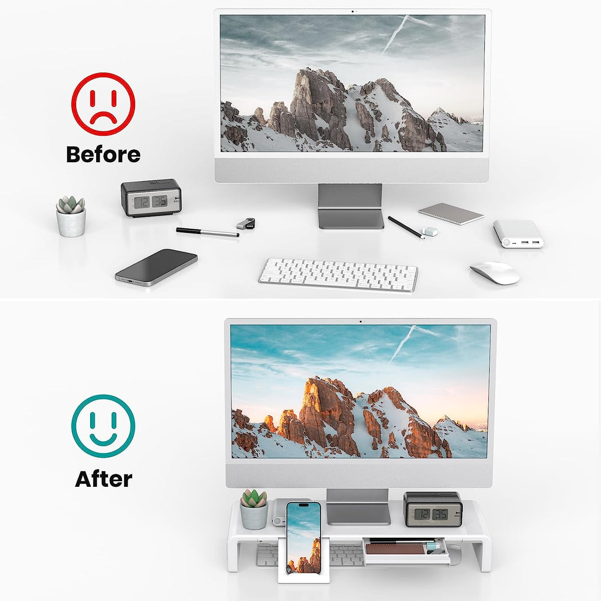Foldable Monitor Stand - Klearlook Computer Monitor Riser with Storage Drawer&Tablet Phone Stand| Width Adjustable Monitor Stands for Desks| Desk Shelf Riser for Computer, Desktop, Laptop| White