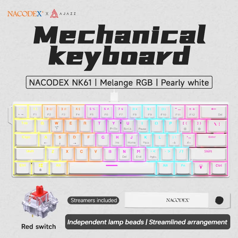 NK61 Mechanical Wired Gaming Keyboard RGB Lighting Effects Supports Hot-Swappable 61 Keys Mechanical Gaming Keyboard