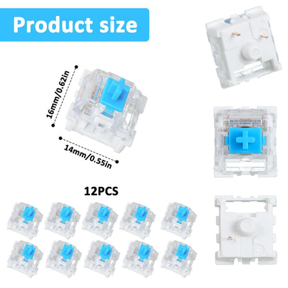12 Pieces Blue Mechanical Keyboard Switches, 3 Pin Pre-Lubricated Clicky Key Switches, Dustproof and Waterproof Keyboard Accessories for Mechanical Gaming Keyboard